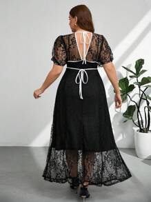 Firerie Plus Size Women's Short Sleeve Backless Contrast Color "Valentine Lover" Black Lace Dress
