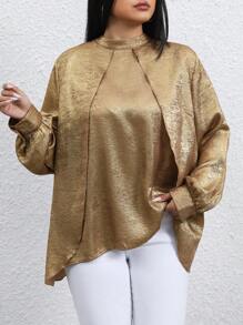 女士时尚优雅金属箔闪亮衬衫 - 金色 - 查看 2