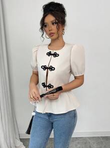 SHEIN Unity Buttoned Design Women Shirt, Puff Sleeve Crop Blouse, Apricot Color Chinese Style Women Shirt - Apricot - View 5