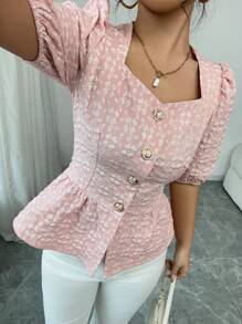 Chiquease Pink Textured Casual Short Sleeve Button Down Shirt - Pink - View 5