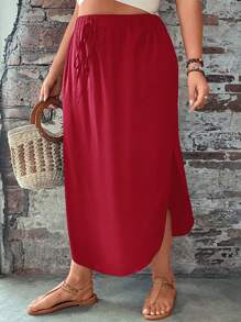 SHEIN LUNE Plus Size Solid Color Front Tie Minimalist Skirt, Casual Daily Wear - Red - View 6