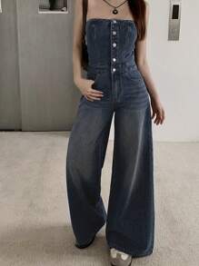 DAZY 女式纽扣前半襟口袋阔腿挂脖牛仔连身裤