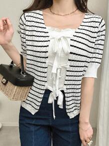 FRIFUL Women Stripe Round Neck Short Sleeve Tie-Up Thin Cardigan - White - View 4