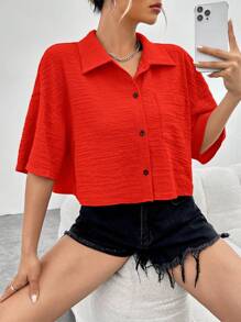 SHEIN EZwear Summer Drop Shoulder Pocket Patched Shirt Without Cami Top - Red - View 6