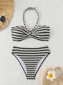 SHEIN Conjunto de bikini de cuello de halter con textura de rayas para niñas preadolescentes