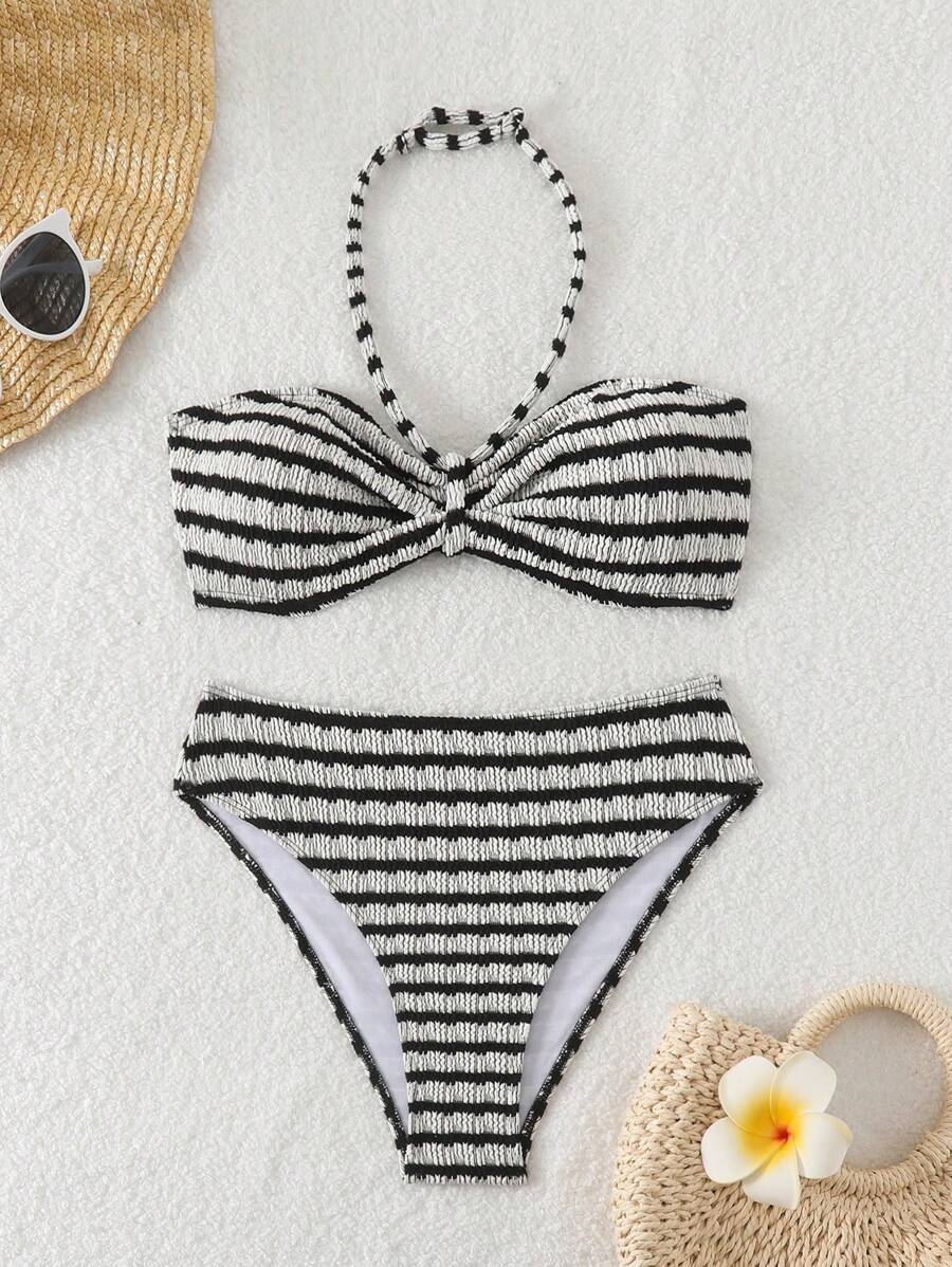 SHEIN Conjunto de bikini de cuello de halter con textura de rayas para niñas preadolescentes