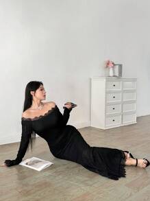 Modelyn Đầm suông trễ vai phối ren màu tương phản đơn sắc ôm vừa vặn tay dài cho nữ - màu đen - Xem 4