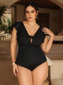 Swim Chiccia Plus Size One-Piece Swimsuit With Elegant Ruffle Trim And Front Tie, Summer Beach Collection