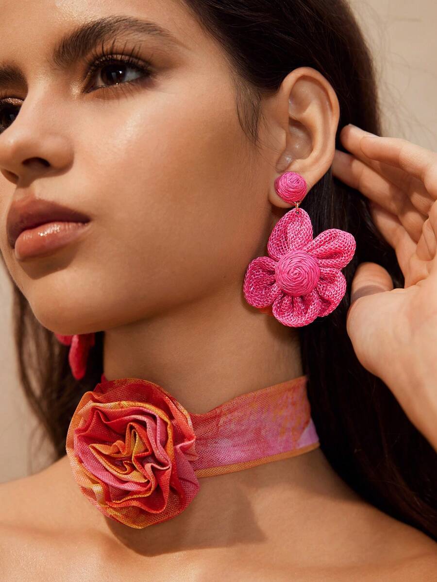 SHEIN VCAY Women's Casual Minimalist Fashion Flower Design Daily Wear Earrings For Valentine's Day,Mom,Mother,Mother's Day,Gift - Hot Pink - View 1