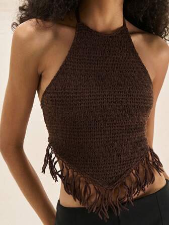 Easelle Retro Lässig Boho Crop Top für Frauen mit Fransenbesatz und Bindeverschluss