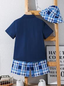 SHEIN 3pcs Tween Boy Casual Collegiate Style Outfit Set: Soft Comfy Solid Polo Shirt, Plaid Shorts & Cap, Versatile For Daily, Outdoor, School, Streetwear, Party, Suitable For Spring, Summer, Autumn