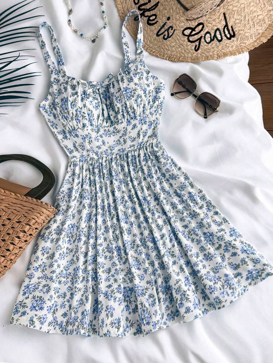 SHEIN Leap Crew Teen Girls , Elegant, Beach Vacation Holiday Strap Dress, Blue And White Color, Suitable For Spring/Summer, Valentine's Day, Clean Girl Style - Blue and White - View 1