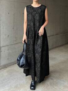 FRIFUL Women's Black Dress With 3D Textured Ruffle, Sleeveless, Elegant Resort Summer Wear Sundress