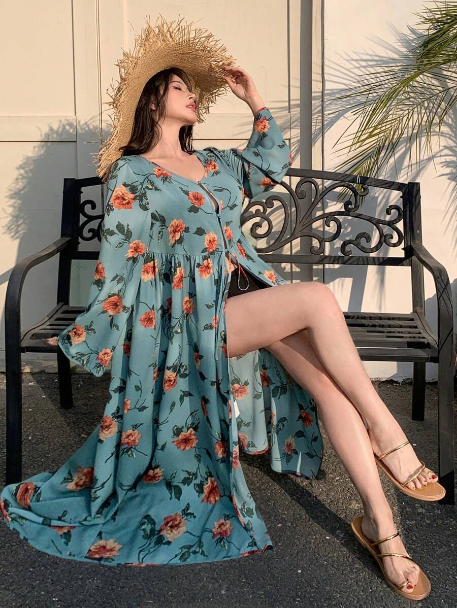 DAZY Damen Lange Ärmel Allover Blumen Muster Lässig Kimono Cover-Up mit Vorderbindung, Sommer Strand Urlaub, Herbst Damenbekleidung - Verschiedenfarbig - Übersicht 1