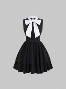 Sweetra Vestido corto elegante y entallado de verano con efecto estilizador, de línea A, sin mangas y con bloques de color con lazo