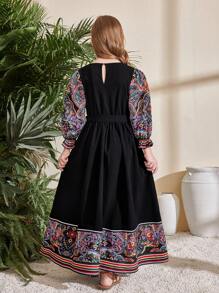 SHEIN Tween Girl Retro Print Puff Sleeve A-Line Long Dress - Black - View 2