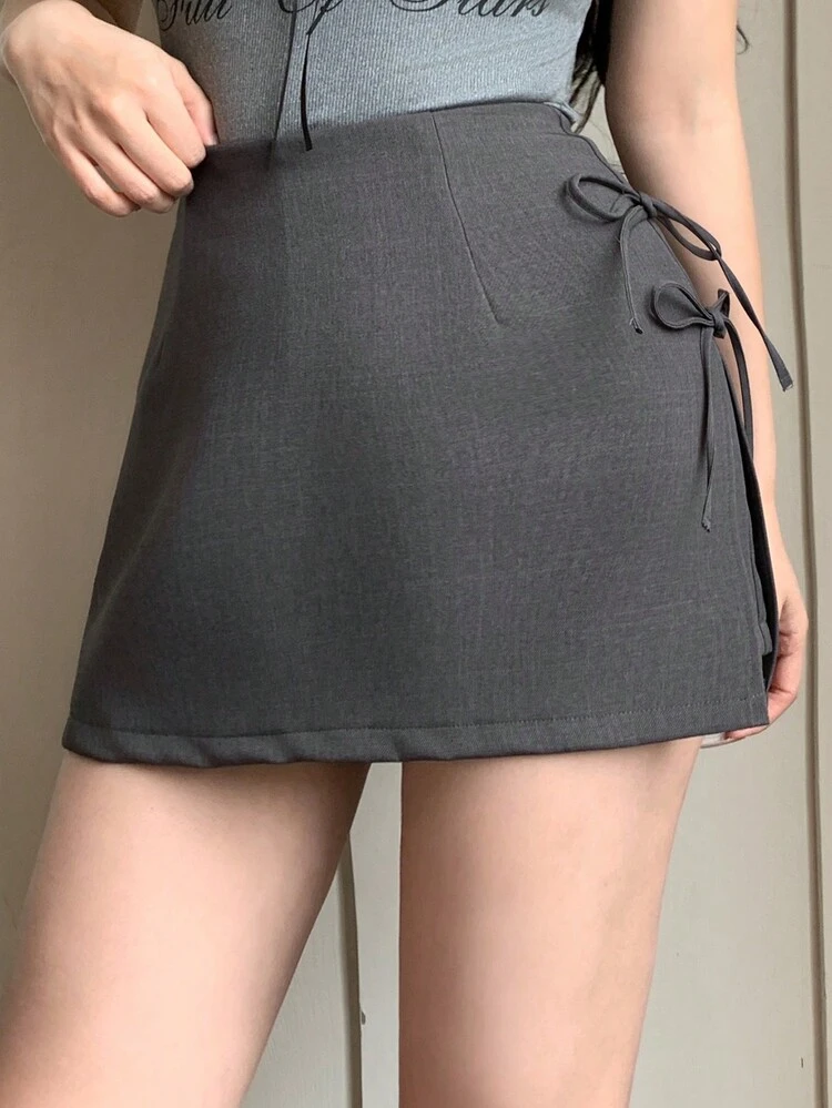 Women's Bow Decor Side Slit Mini Skirt