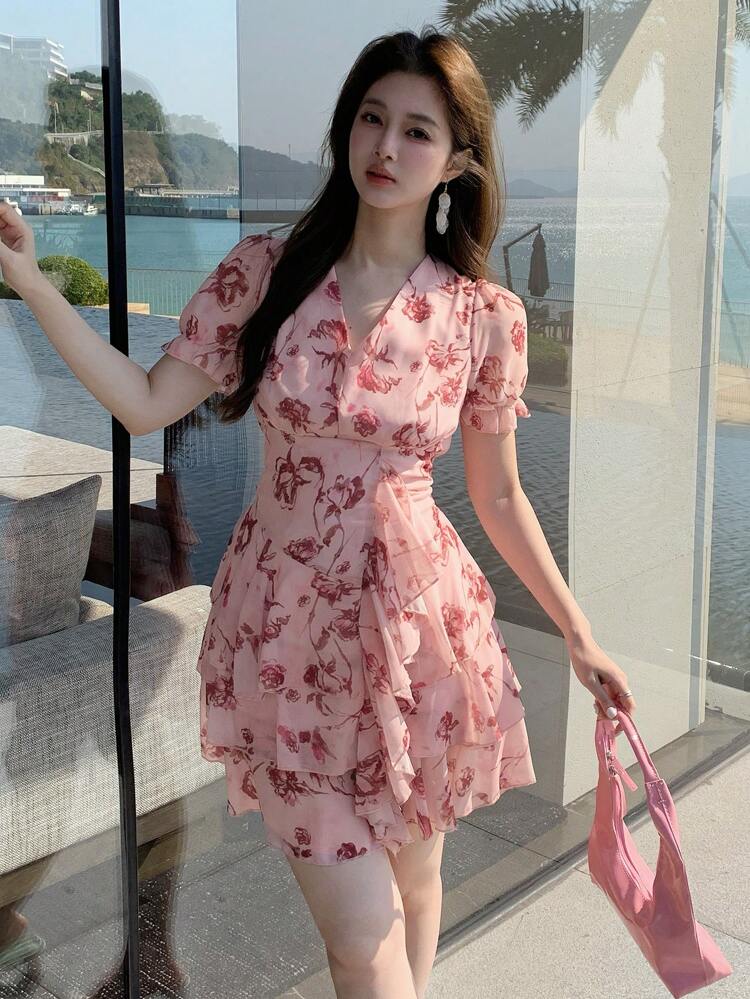 Women's Floral Print Short Sleeve Dress, Summer,Ruffle Vacation Outfits Women Easter