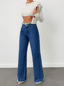 EURMUSE 100%Cotton Rigid, Belt Detailed Wideleg Fit - Medium Wash - View 5