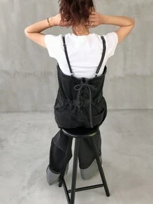 FRIFUL Damen Lässig Jeans-Latzhose mit verstellbaren Spaghettiträgern, Knopfleiste und Taschen - Grau - Übersicht 1