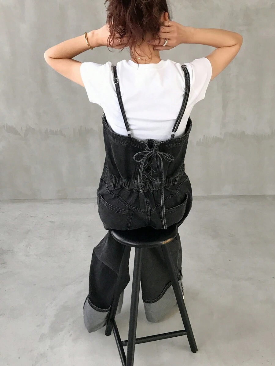 FRIFUL Damen Lässig Jeans-Latzhose mit verstellbaren Spaghettiträgern, Knopfleiste und Taschen - Grau - Übersicht 1