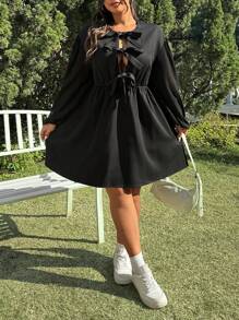 SHEIN EZwear 大码黑色蝴蝶结带中长连衣裙 - 黑色 - 查看 4