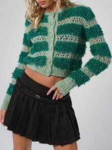 Casual Crew Neck Long Sleeve Buckle Yarn Combined With Hollow Out Crochet Crop Cardigan Smart Casual Back To School,Cardigans For Women,Petite Cardigans,Cardigans - Green - View 1