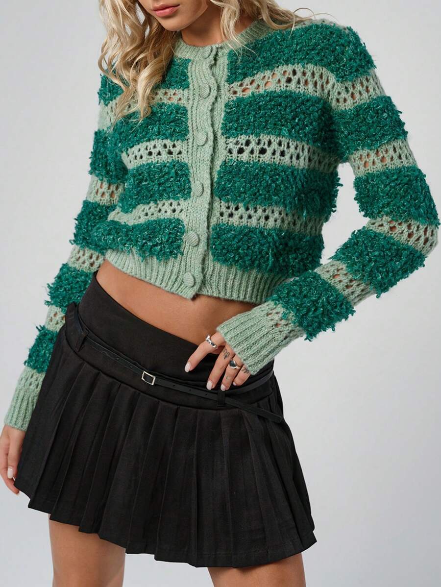 Casual Crew Neck Long Sleeve Buckle Yarn Combined With Hollow Out Crochet Crop Cardigan Smart Casual Back To School,Cardigans For Women,Petite Cardigans,Cardigans - Green - View 1