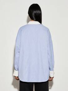 AiiRZ Oversized Pin Stripe Button Down Shirt Collared Office Wear Professional Business Casual Long Sleeve Contrast Cuff Blouse Spring Summer - Multicolor - View 2