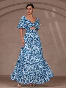 Aveloria Rosie 花卉雪纺印花扭结胸前和镂空腰部设计喇叭下摆长袖女式连衣裙 - 彩色 - 查看 6