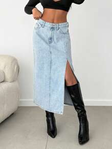 EURMUSE HIGH WAIST SIDE SLIT MIDI SKIRT LIGHT WASH - Light Wash - View 3