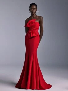 Elitara 优雅奢华大蝴蝶结细节鱼尾拖地晚礼服，正式舞会礼服，适合婚礼宾客、毕业典礼、派对礼服 - 紅色 - 查看 5