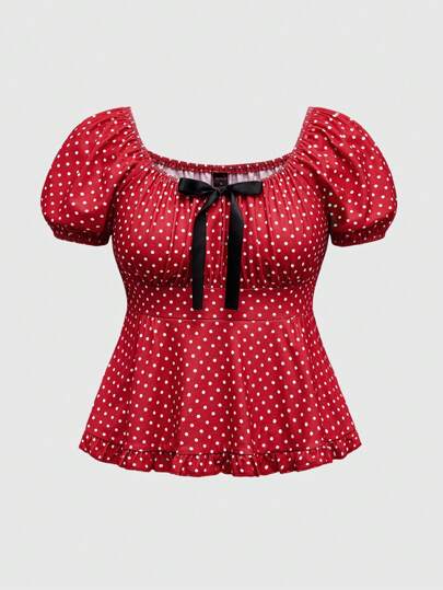 Plus Size Valentine's Day Kawaii Solid Heart Polka Dot Bowknot Crop Top Babydoll T-Shirt For Summer