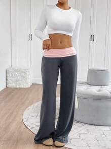 INAWLY Pantalon de jogging ample à jambe droite et taille blocs de couleurs décontracté pour femme