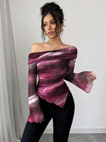 Selianne Áo thun nữ hở vai tay dài đơn giản, thoải mái mặc hàng ngày, áo thun họa tiết cho nữ mùa xuân - Màu Đỏ Sâu - Xem 5