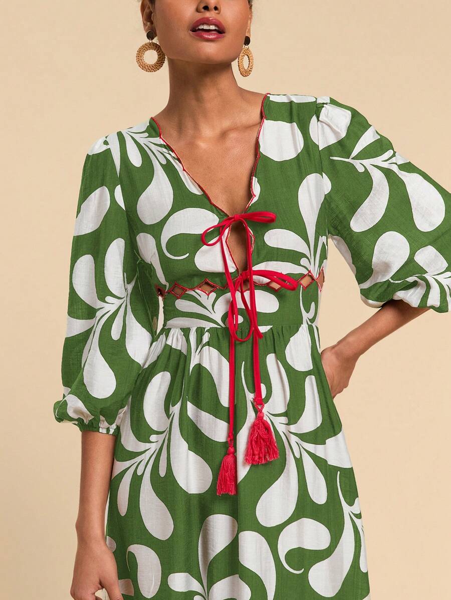 Travachic Váy tay đèn lồng buộc dây in họa tiết hai màu cho kỳ nghỉ - màu xanh lá - Xem 1