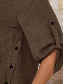 EMERY ROSE Plus Size Vacation Casual Solid Color Roll-Up Sleeve Shirt And Pants 2 Pieces Set - Coffee Brown - View 6