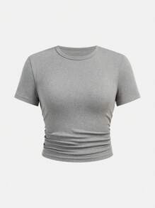 SHEIN 2 Pieces Teen Girl Set, Grey Basic Short Sleeve Cropped Knit Top And Flare Long Pants, Elegant Casual Vacation - Grey - View 6