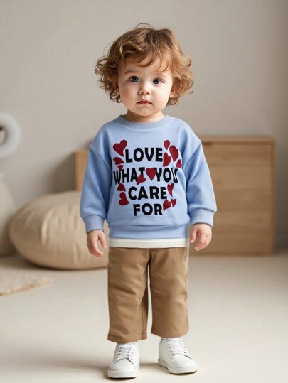 SHEIN 2pcs Baby Boy Unisex Casual Light Blue Autumn Family Matching Sports Preppy Style 2 In 1 Shirt Set,Apricot,Heart Print,Soft Fabric For Spring/Summer