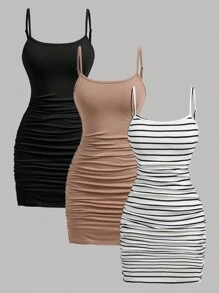 SHEIN Girlism 少女 3 件套 黑色、黑白、卡其色针织贴身褶皱腰迷你连衣裙，百搭休闲日常穿着，夏季 - 彩色 - 查看 1