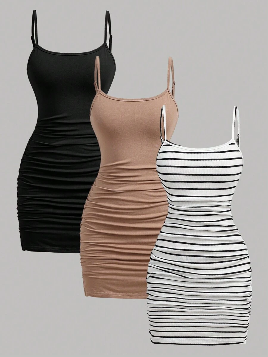 SHEIN Girlism 少女 3 件套 黑色、黑白、卡其色针织贴身褶皱腰迷你连衣裙，百搭休闲日常穿着，夏季 - 彩色 - 查看 1