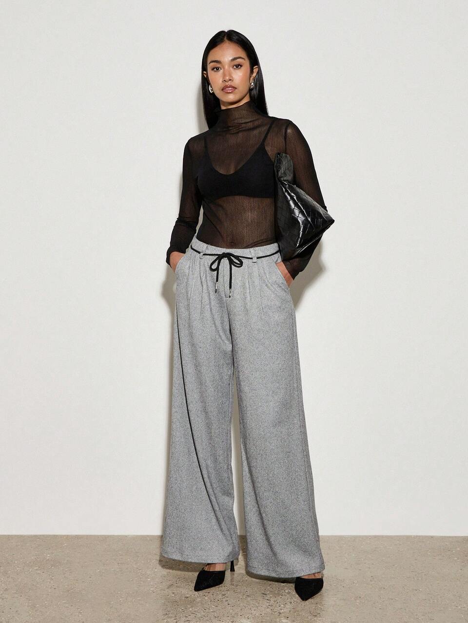 Elegant Herringbone Wool High-Rise Drawstring Palazzo Pants