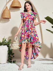 SHEIN Leap Crew 少女休闲雪纺热带碎花荷叶边圆领不对称下摆连衣裙，适合节日、庆典、午餐、音乐活动、户外 - 彩色 - 查看 3