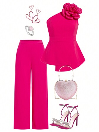 Ellevyn 2pcs Women Elegant Solid Color 3D Floral Decor Asymmetric Ruffle Trim Top And Pants Outfit Set, Valentine's Day
