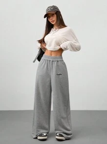 Coolane Women's Spring/Summer Vintage Going Out Ruffle Waistband New Style Grey Plaid Wide Grey Leg Pants - Grey - View 3