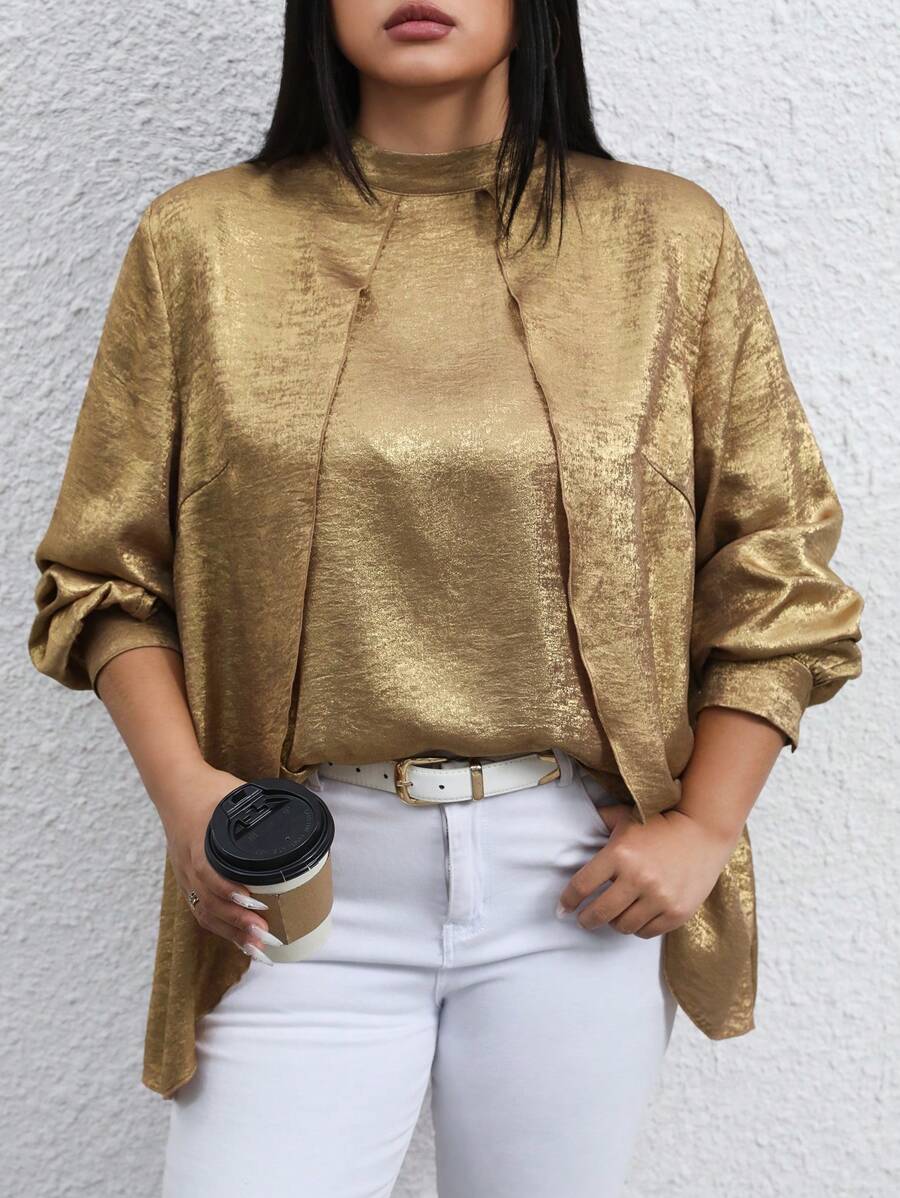 女士时尚优雅金属箔闪亮衬衫 - 金色 - 查看 1