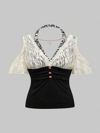 Hippie Große Größen Y2K Harajuku Gal Stil Rückenfrei Kreuz-Anhänger Dekor Patchwork Zebra Muster Spitze Schulterfreies T-Shirt für Frauen