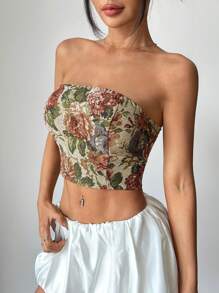 SHEIN PETITE Floral Print Backless Crossed Bandeau Top Y2K - Khaki - View 5