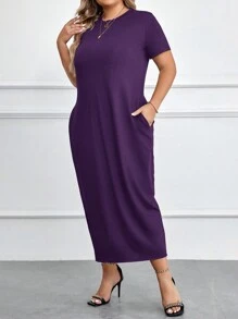 EMERY ROSE Plus Size Solid Color Round Neck Short Sleeve Pocket Casual Long Dress - Purple - View 4