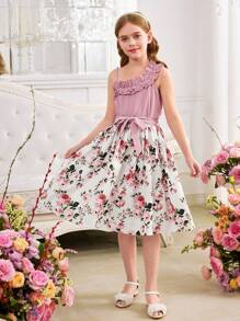 SHEIN Tween Girls Casual Ruffled Multi-Layer Oblique Shoulder Cropped Top And Floral Print A-Line Skirt 2 Pieces Set, Sweet Princess Style, Suitable For Spring Outing, Flower Girl Dress - Pink - View 7